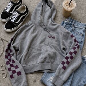 Vans Cropped Hoodie XS Gray Checkerboard Sleeve Sweatshirt